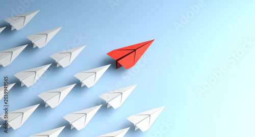 Leadership concept, red leader plane leading white planes, on blue background. 3D Rendering