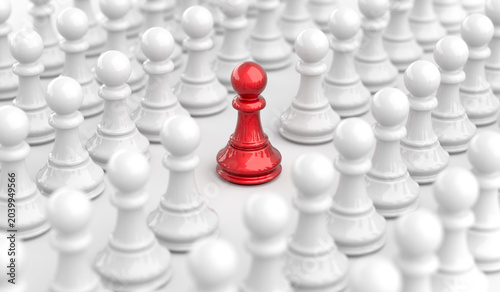 Leadership concept, red pawn of chess, standing out from the crowd of white pawns. 3D Rendering
