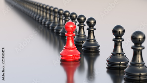 Leadership concept, red pawn of chess, standing out from the crowd of black pawns, on white background. 3D Rendering