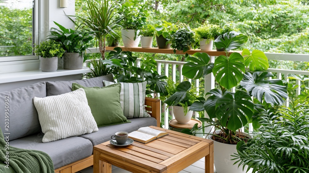 Fototapeta premium Lush Green Balcony Oasis with Comfortable Seating and Abundant Potted Plants and a Coffee Table