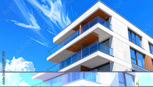 Modern Apartment Building with Balconies and Blue Sky.