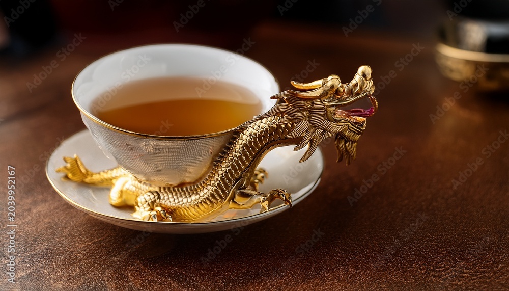 Naklejka premium golden dragon drinks tea in fine china