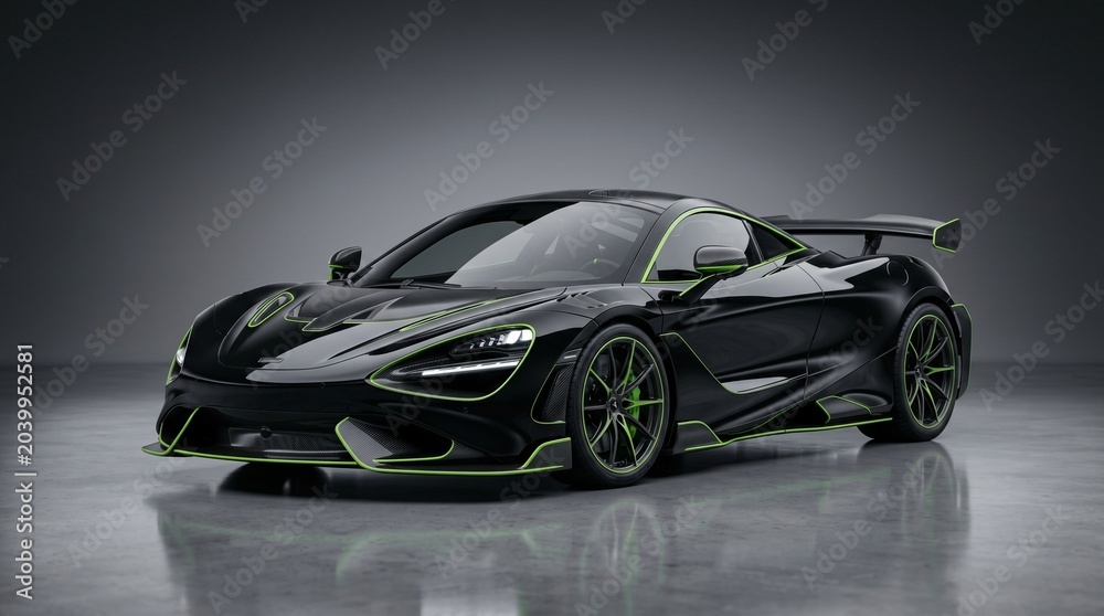 Naklejka premium Sleek Black Sports Car with Green Accents in Luxury Studio Lighting