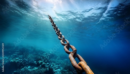 rusty chain underwater reaching sky