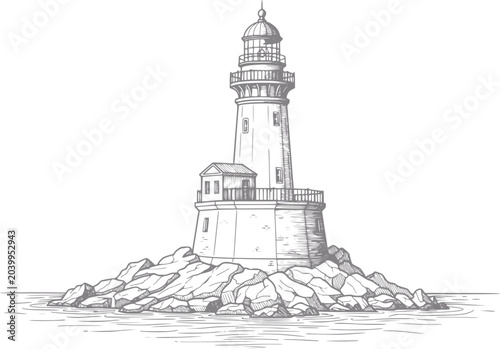Of a lighthouse on a rocky island in the sea