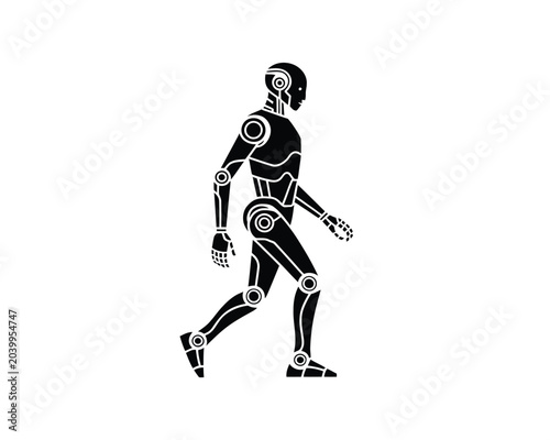 Black silhouette of a walking humanoid robot on a white background