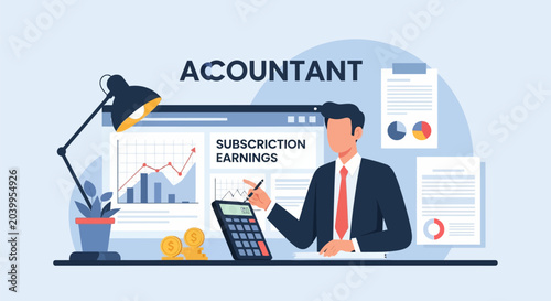 Professional male accountant in a corporate office setting using a calculator and digital tablet to analyze recurring subscription costs, financial data, and monthly business expenses.