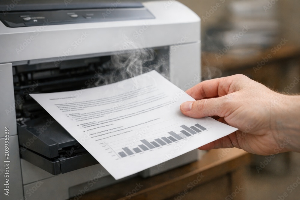 Obraz premium A person holding a paper near a printer, ready to print