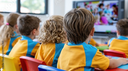 Diverse young students engaged in learning, watching educational content on a large screen in a modern classroom setting