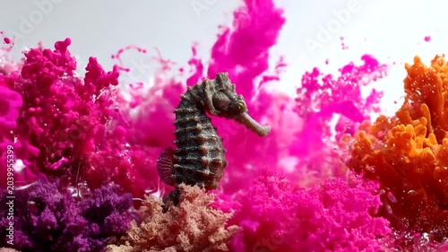 Seahorse in a vibrant underwater world with colorful ink explosions.