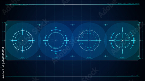 Bild auf Leinwand Futuristic tactical targeting HUD interface with four glowing cyan reticle dials