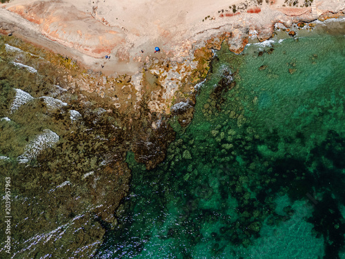 Aerial view of turquoise Mediterranean Sea coastline. Spain