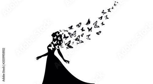 Photography Silhouette woman with butterflies emanating from head during transformation conc