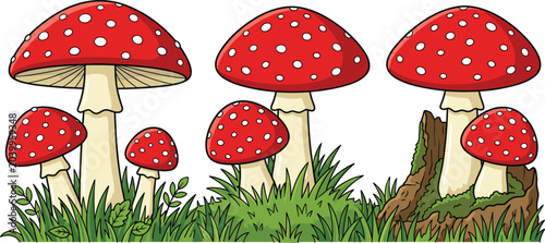 Photos Red Spotted Mushroom Collection Vector Illustration with Amanita Toadstools Grow