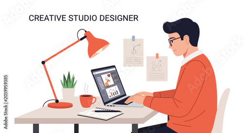 Flat vector illustration of a professional creative graphic designer sitting at a modern desk working on a laptop computer in a clean, minimalist workspace environment.