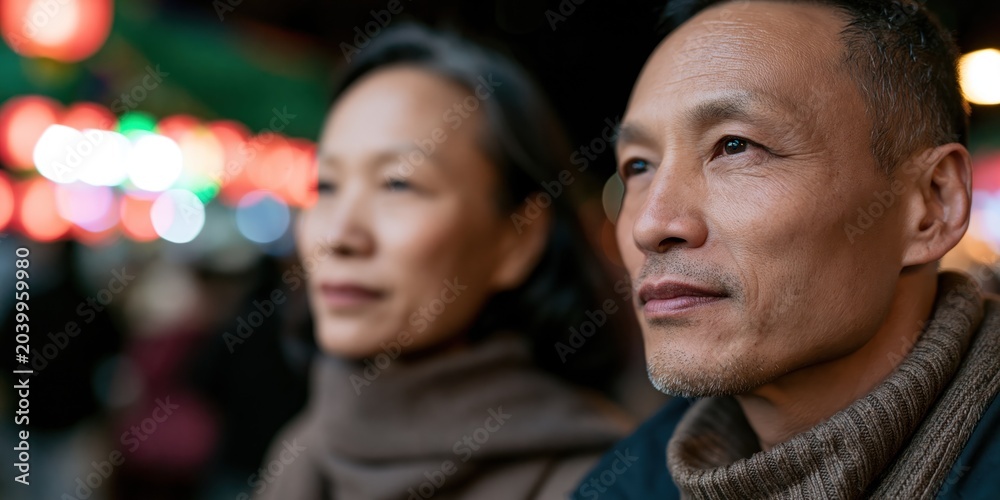Fototapeta premium A couple enjoys an intimate moment together outdoors, reflecting on life while gazing into the distance, surrounded by soft lighting and a vibrant atmosphere that evokes connection.