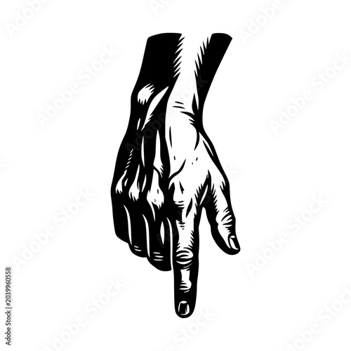 Finger pointing down gesture, Illustration of hand with index finger pointing downwards. This classic graphic symbol conveys direction, indication, or a call to action, perfect for design projects.