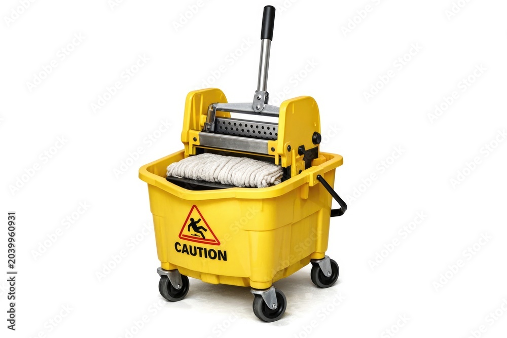 Fototapeta premium A yellow mop bucket filled with various cleaning supplies and tools