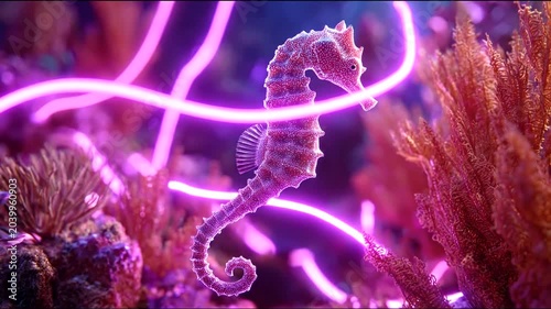 Seahorse swimming in a vibrant coral reef with glowing neon purple lights, creating a surreal underwater spectacle.