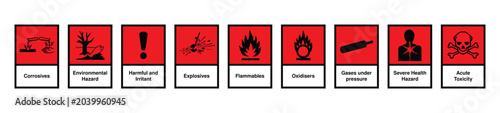 Tableau sur toile Red GHS Hazard Warning Labels Set with Chemical Safety Symbols, Collection of Co
