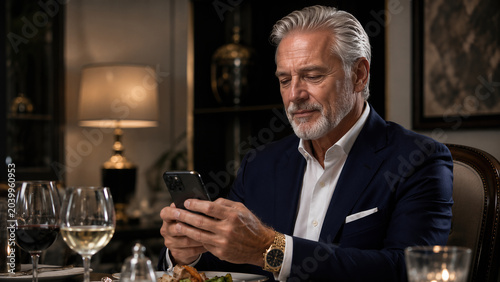 Affluent senior businessman checking messages while waiting for dinner companion in elegant luxury restaurant during active retirement