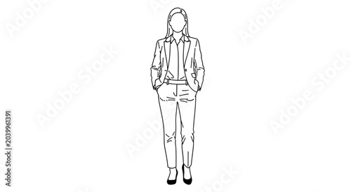 Bilde på lerret Businesswoman standing, full body, line art, professional attire, hands in pocke