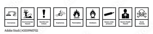 Obraz na plátně Monochrome GHS Hazard Warning Labels Set with Chemical Safety Symbols, Black and