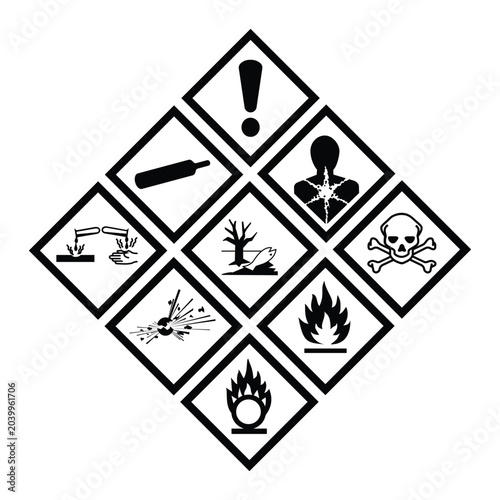 Foto Monochrome GHS Hazard Pictograms Collection in Diamond Layout, Black and White C