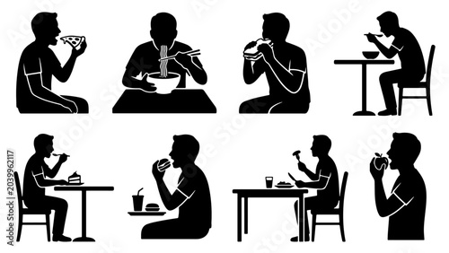 Photos People eating food and drinking silhouette collection isolated on white backgrou