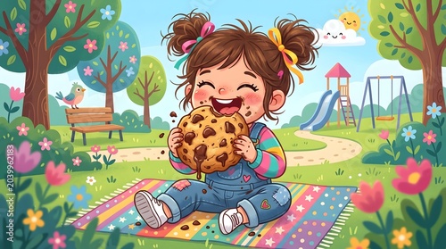 Cute Girl Eating a Giant Chocolate Chip Cookie Cartoon