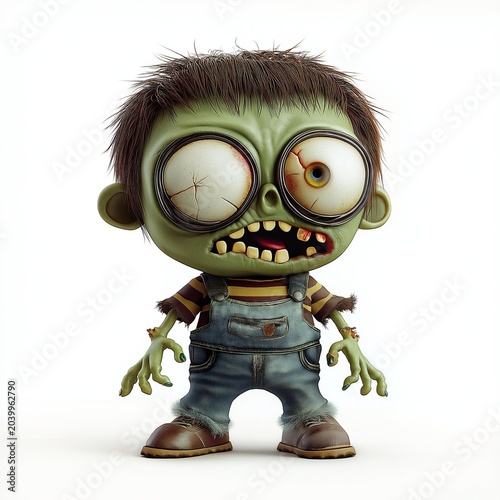 A whimsical cartoon zombie character with oversized eyes and tattered clothes, perfect for playful designs.