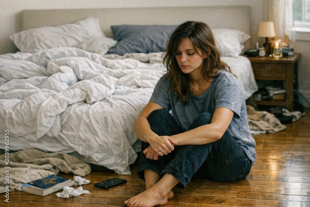 Obraz premium A person sitting on the floor, looking up at a bed with a calm expression