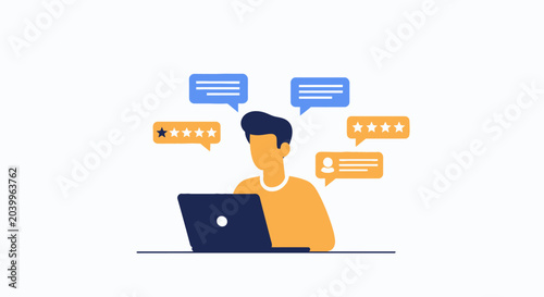 Flat vector illustration of a professional course creator sitting at a desk, reviewing student assignments and digital projects on a computer screen for an online education platform.