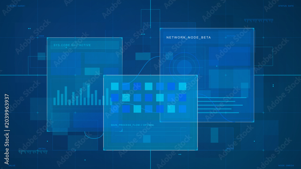 Foto Futuristic blue network HUD interface with translucent data panels, bar chart, process flow blocks, node report and layered grid background