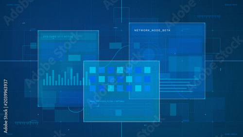 Obraz na plátne Futuristic blue network HUD interface with translucent data panels, bar chart, process flow blocks, node report and layered grid background