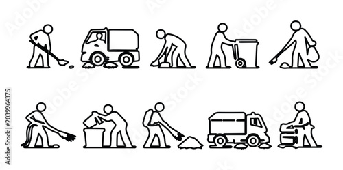 Tableau sur toile Street cleaning line icons set, professional sanitation workers and garbage truc