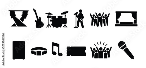 Live music concert icon set, black silhouette performance symbols, 12 vector icons for music festival events and stage entertainment