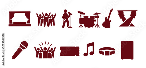 Canvas Print Live music concert icons set, maroon silhouette performance symbols, 12 vector e