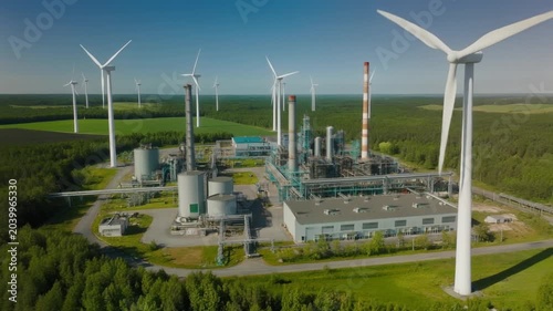 Industrial plant wind turbine sustainable energy green landscape industrial energy complex with wind turbines processing plant set green forest