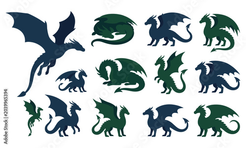 Fényképezés Fantasy Dragon Silhouette Collection with Mythical Winged Creatures and Medieval