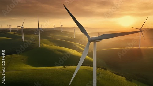Wind turbine landscape sunrise rolling hill sustainable energy field scenic calm wind turbine wind farm renewable energy green hill countryside