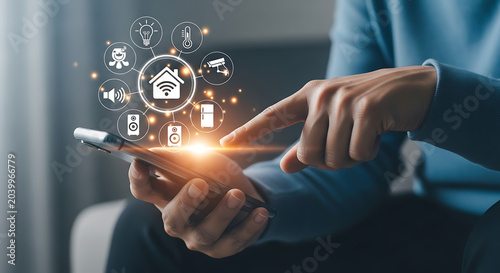 Man using smart home automation application on mobile phone