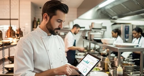 Chef analyzing data on tablet in modern restaurant kitchen