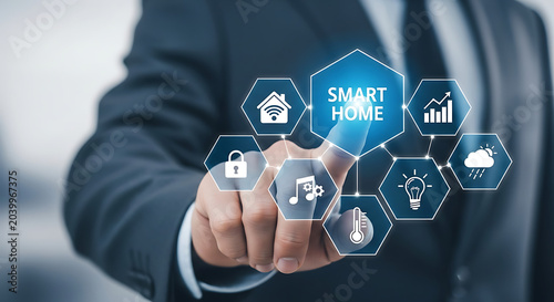 Businessman touching smart home automation control interface