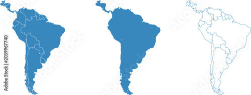 South America Blue Map Set Three Styles Political Solid Outline Vector