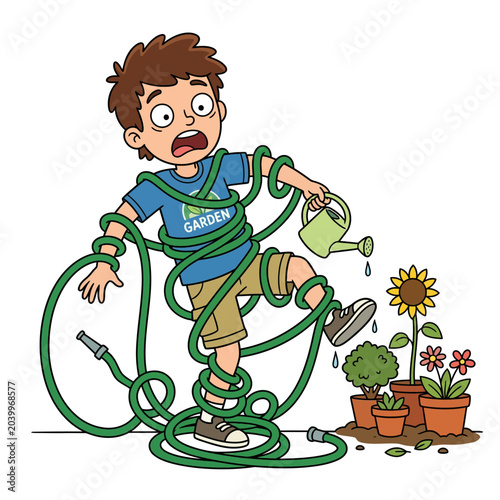 Fotografie Boy tangled in garden hose.