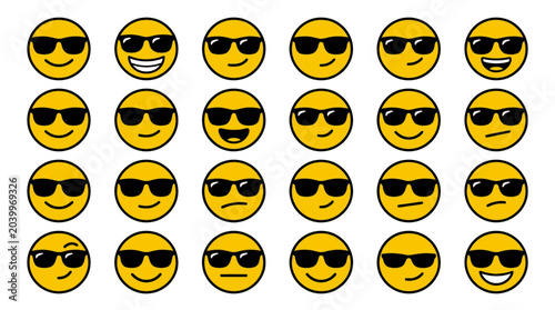 Collection of smiley faces with sunglasses on.