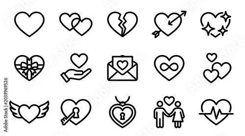 Black line icons of various heart symbols and love related objects.