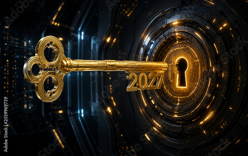 New Year 2027 Creative Futuristic Design Concept with key and keyhole - 3D Rendered Image
