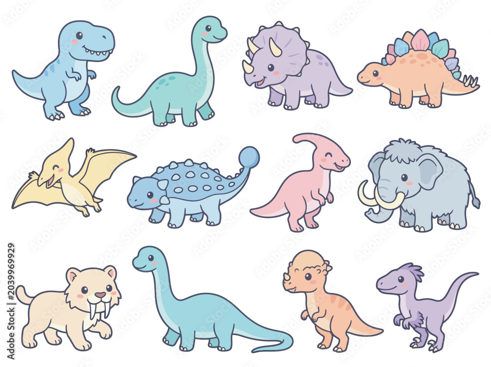 Obraz premium Cute Prehistoric Dinosaur and Animal Collection Set Cartoon Illustration for Kids